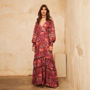 Nekane Floral Wrap Maxi Dress in Berry Pink